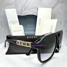 GUCCI Sunglasses Black Pilot Aviator 58mm New Gold Metal Logo Gray Lens Gucci