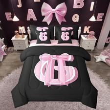 Jejeloiu Kids Girls Black Pink Bow Comforter Set Sheets Queen Size Monogrammed