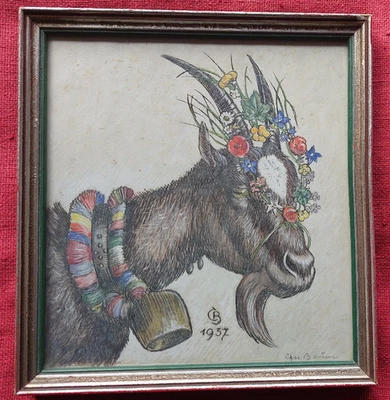 Carl Baum - Geschmückter Geißbock - signiert, datiert 1937 - hinter Glas gerahmt - Bild 1 von 4