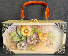 VTG Decoupage Handmade Wood Purse 60s 'By Dalynda' Stamp Floral Flowers Handle