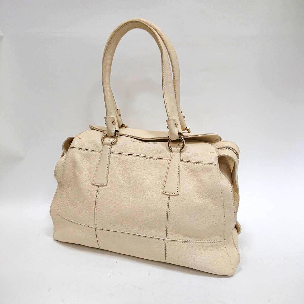 Salvatore Ferragamo Hand Bag Tote Purse Gancini Leather White Authentic