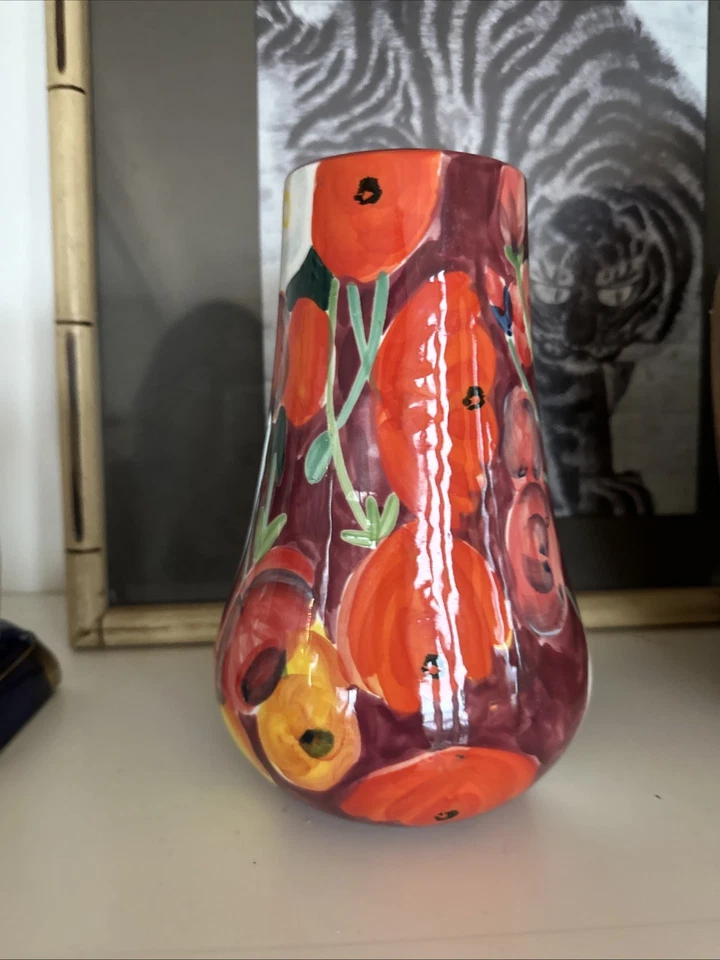 Jarrón de cerámica Anthropologie acuarela LIZZIE rojo abstracto floral 8" bonito usado en excelente estado Foto 3 de 4