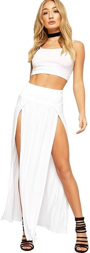 Women Ladies Double Side Slit Split Plain Black Stretchy Gypsy Maxi Long Skirt - Picture 24 of 28