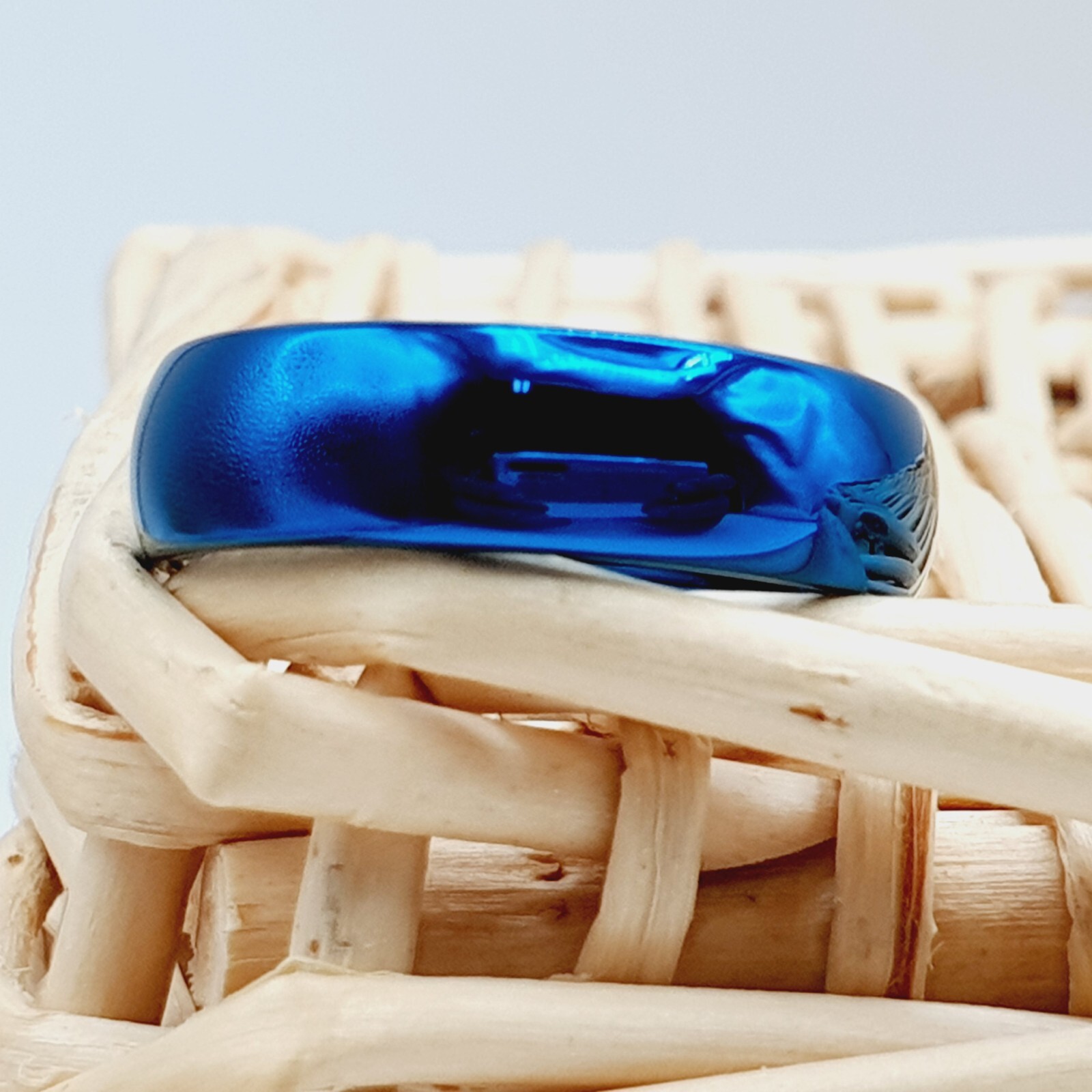 6MM High Polished Blue Tungsten Wedding Band, Shiny Minimalist Ring for Women