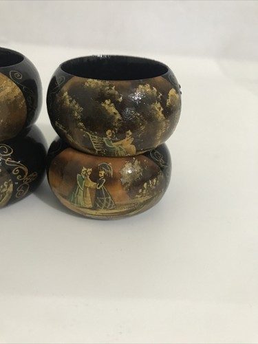 Napkin Rings Victorian Vintage-Theme Hand-Painted Bamboo Black Lacquered Set 6 - Picture 9 of 10