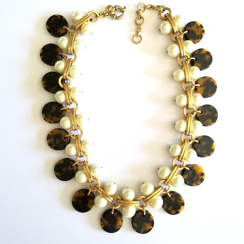J. Crew Faux Pearl Gold Necklace Tortoise Shell Dangle Circles Golden