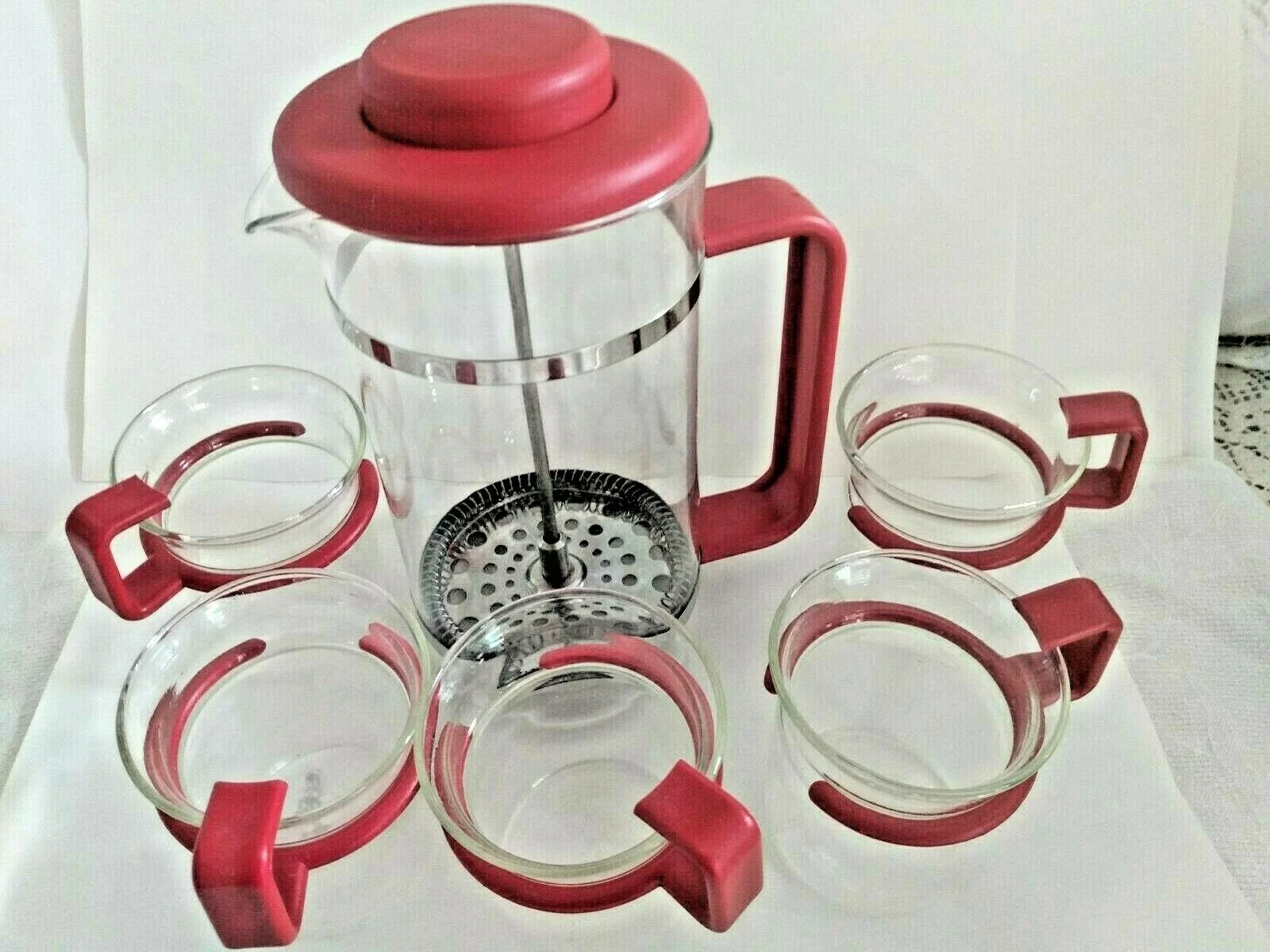 Glass Red Bistro French Press 6 Pc Set Coffee Maker + 5 Mugs kitchen bar ware