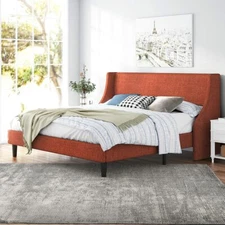 King Size Fabric Upholstered Wingback Platform Bed with Headboard, Burnt Orange