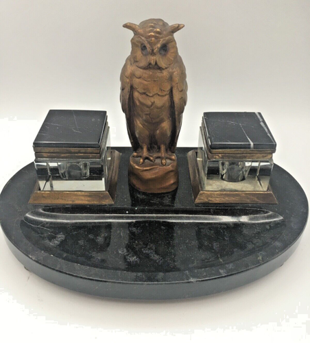 Antik Deutsch Bronze Eule Schwarz Marmorsockel Doppel Kristall Tintenfass Schreibtisch Art Deco