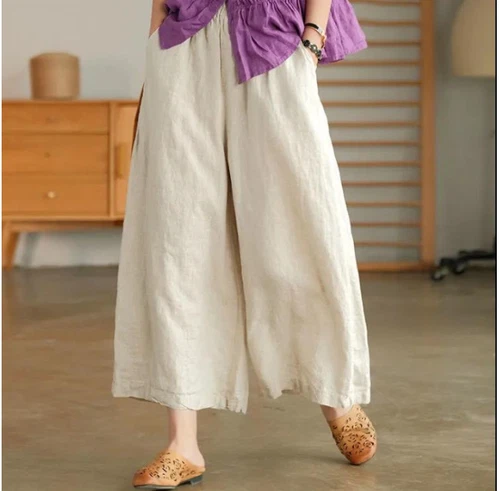Sommer Damen Lockere Leinenhose Weites Bein Flachs Cropped Freizeit Komfort Hose  - Bild 14 von 20