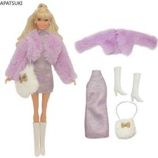 Purple Faux Fur Coat Clothes Set For 11.5in. Doll Outfits Dress Bag Boots 1/6