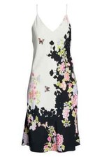Natori GARDENIA White Black Floral Print Polyester Charmeuse Slip Gown - XS