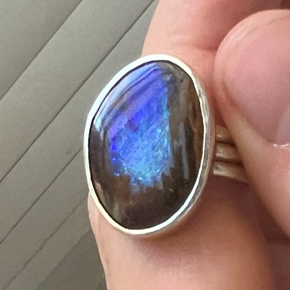 Anillo de plata esterlina de ópalo de roca australiano ~ 9 joyas artesanales de madera fosilizada Foto 3 de 4