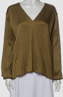 $545 Forte Forte Women Green V-Neck Long Sleeve Crepe Blouse Top Size IT II/US M