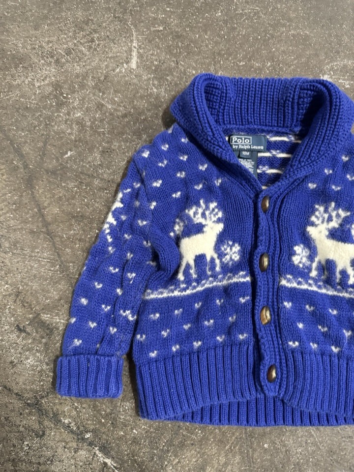 VINTAGE RALPH LAUREN NORDIC BLUE CARDIGAN LAMBS WOOL SWEATER BOY GIRL