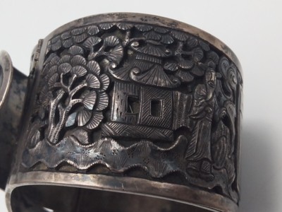 Bracelet Manchette Ancien Argent Massif - Filigrane Art Déco, Style Indochine - Rare
