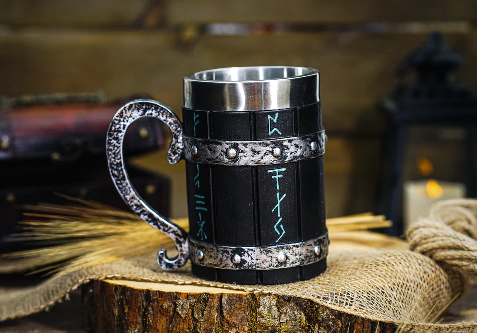 Taza Vikinga, Árbol de la Vida, Thor y Odín, Taza de Cerveza Nórdica Tankard Acero Inoxidable Foto 2 de 3