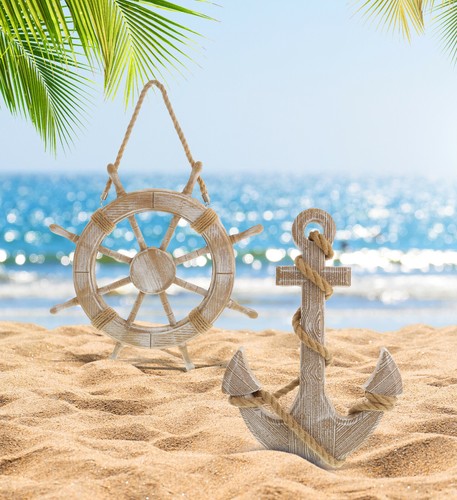 Shipswheel & Anchor Wall Decor Home Garden Display Nautical Boat Art Ship Wheel - 第 1/4 張圖片