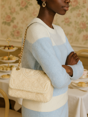 NEW Tory Burch Soft Fleming Cream BOUCLE Fabric Small Convertible 