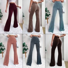 Women's High Waist Stretch Pleuche Ribbed Flare Pants Casual Long Trousers