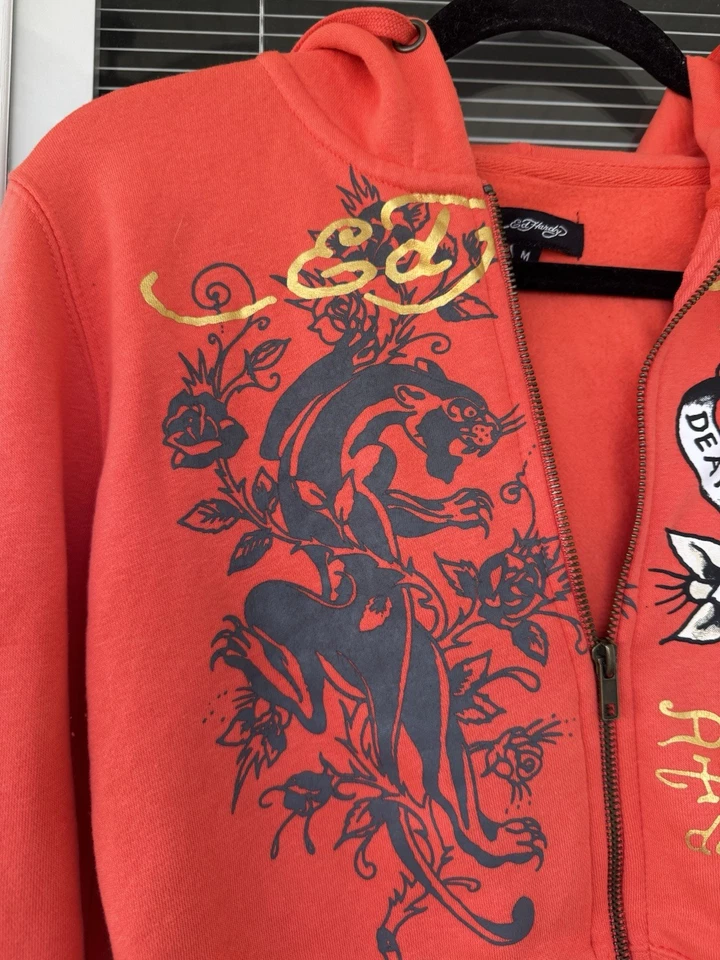 Sudadera con capucha recortada Y2K Ed Hardy Tiger Dagger para mujer M naranja Death Before Dishonor Foto 3 de 4
