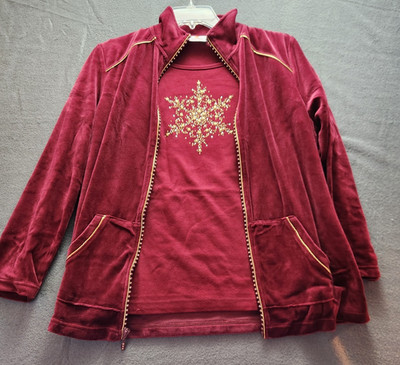 NWOT 2 pc Quacker Factory Twinset Shirt Velvet Zip Front Jacket Sz M  Snowflake