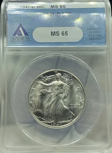 1941-D 50C Walking Liberty Half Dollar ANACS MS 65 Denver MS65 Brilliant White!