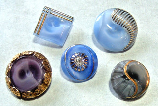 5 Vintage Moonglow Glass Buttons Grey Blue Uncommon Purple w/Rhinestone Luster