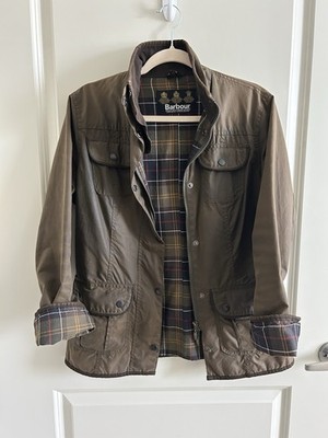 BARBOUR Ladies Size 8 US Wax Utility Jacket Brown Classic tartan