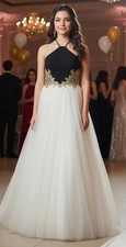 Vintage Glam Formal Ball Gown Gold Embroidery Tulle Skirt Halter Evening Dress