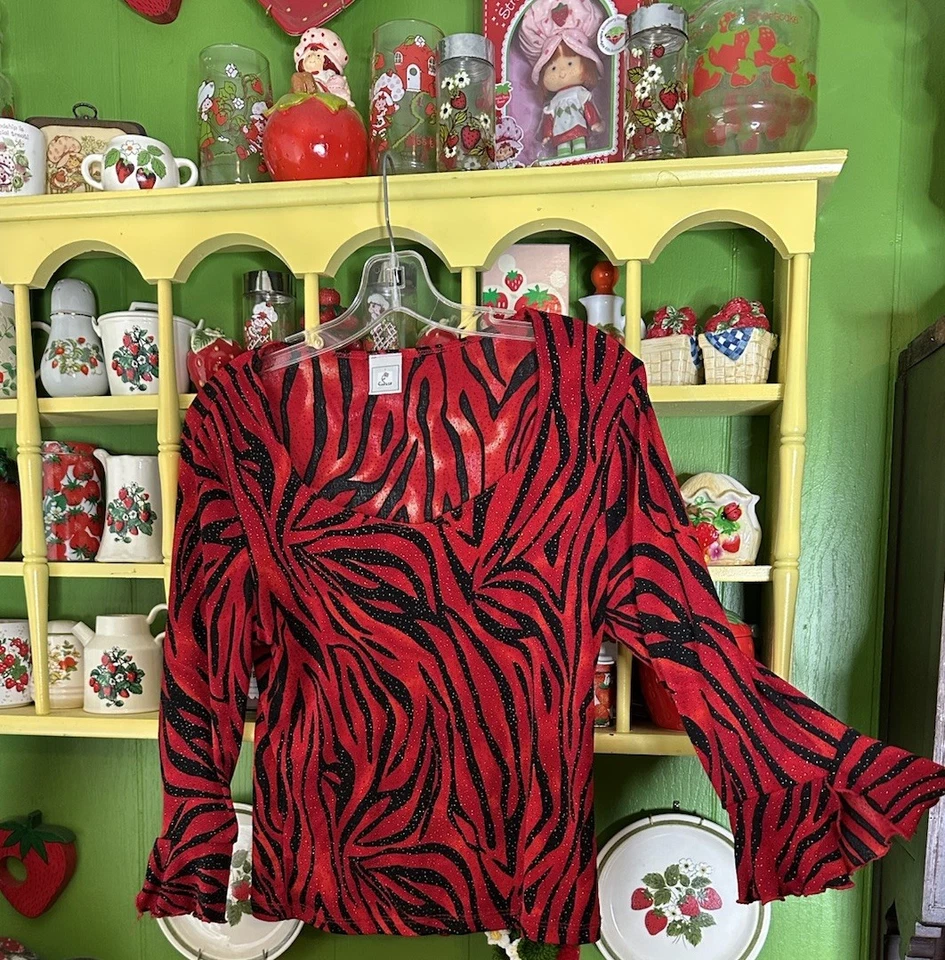 Top de Colección Años 90 Y2k Whimsigoth Grunge Negro y Rojo Brillo Cebra Manga Bruja Foto 2 de 4