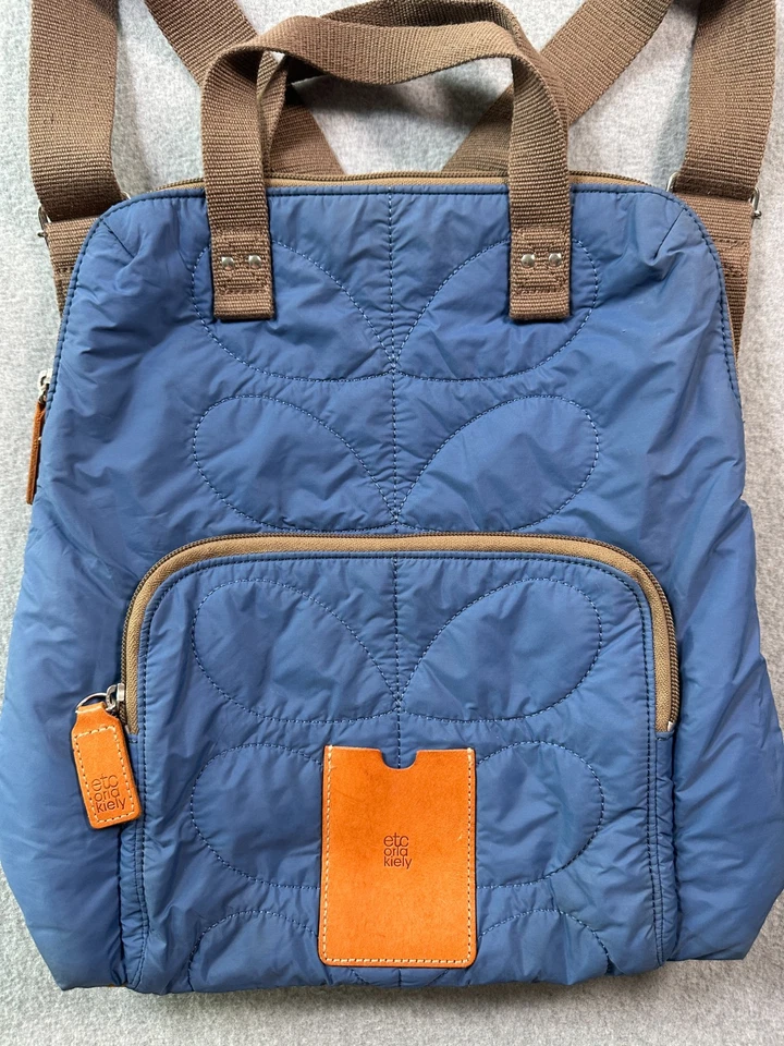 Etc Orla Kiely Stem Quilted Backpack In Ocean Blue Yellow Zip Pockets Travel - Image 3 of 4