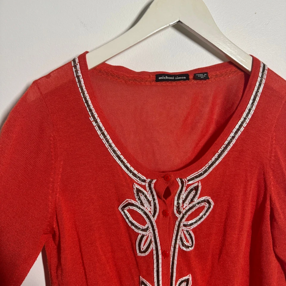 Cárdigan de Colección Michael Simon Años 90 Cuentas Mujer XL Naranja Preppy Boho Carrera Top Foto 3 de 4