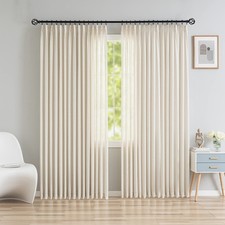 Faux Linen Double Pinch Pleated Window Curtains, Light Filtering Beige Semi S...