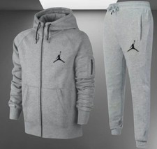 Mens Jordan Style Grey Tracksuit Set Zip Up Hoodie  Joggers Sportswear Outfit