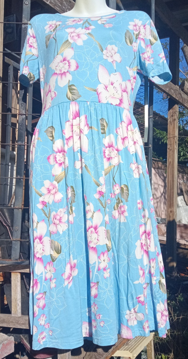 M DB Moon Short Sleeve Light Blue Floral Long Maxi Dress Spring Summer Leaves View 3