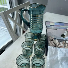 Vintage 1960s Bohemia Turquoise Blue And Gold Pitcher And 6 Glasses