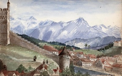 Luzern Schweiz - kleines Aquarell Gemälde - 19. Jahrhundert - Grand Tour