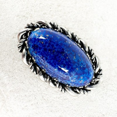 Vintage Western Germany Goldstone Blue Brooch Oval Cabochon Rope Twist