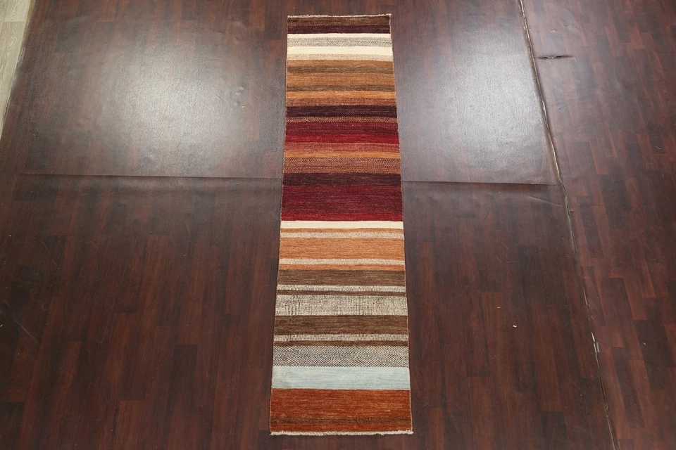 Modern Striped Gabbeh Kashkoli Runner Rug Oriental Hand-knotted 2' 6" x 9' 10" - Image 2 of 4