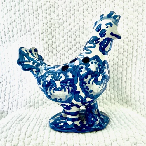 Vtg M A Hadley Pottery Chicken Flower Frog Centerpiece Blue Flowers Signed