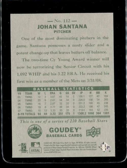 2008 Upper Deck Goudey Baseball Trading Card #112 JOHAN SANTANA New York Mets - Image 2 of 2