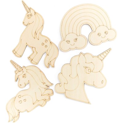 24 Pack Unfinished Wood Cutouts for DIY Crafts, Unicorn Rainbow Arch, 4 designs