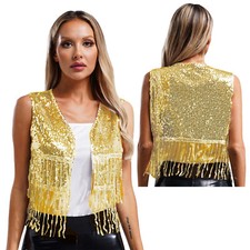 UK Womens Sequins Cardigan for Disco Party Dance Costume Cowgirl Vest Bolero