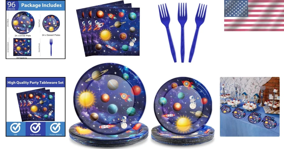 Juego de fiesta de cumpleaños Galaxy para 24: platos, servilletas y tenedores temáticos espaciales Foto 2 de 4