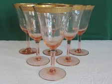 Vintage Tiffin-Franciscan Pink Set 6 Rambler Rose 6 1/2" Optic Gold Stem Water
