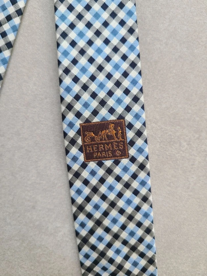 HERMES New Unused Neck Tie Blue Black Check 100%Silk Made in France - Image 3 of 4