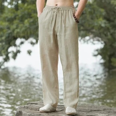 Mens Cotton Linen Loose Pants Casual Drawstring Beach Yoga Baggy Long Trousers