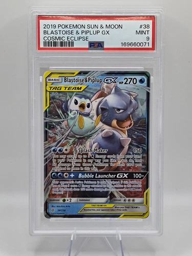 2019 Cosmic Eclipse Blastoise & Piplup GX Tag Team 38/236 PSA 9