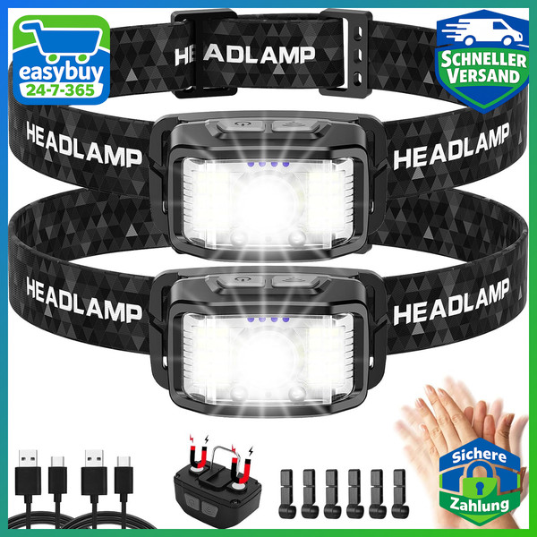 Stirnlampe LED Wiederaufladbar 2000 Lumen Superhell 2 StüCk Kopflicht-image